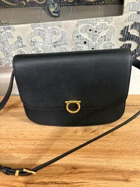 Salvatore Ferragamo Black Leather Crossbody with Gold Gancini